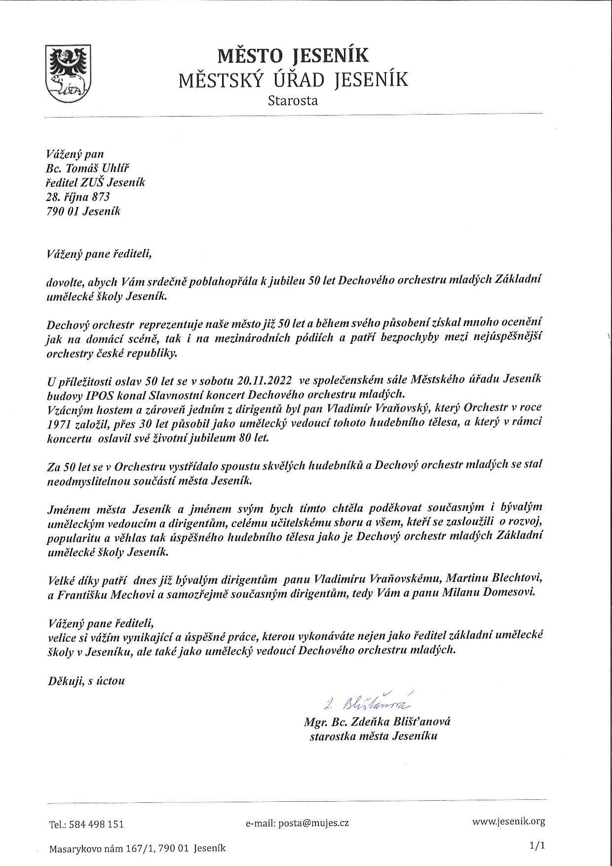 DOPIS PANÍ STAROSTKY K JUBILEU 50 LET DOM ZUŠ JESENÍK